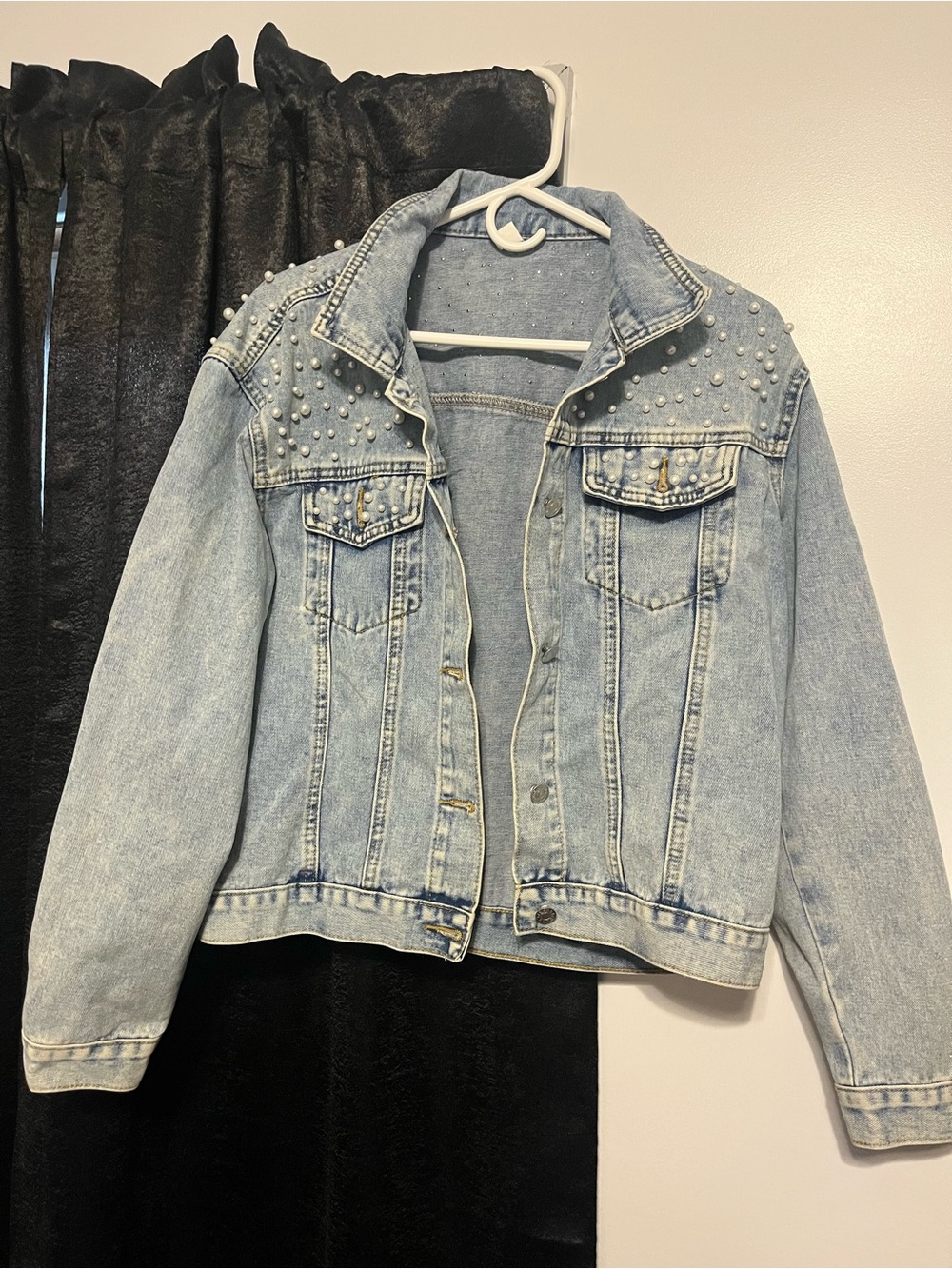 Light Blue Pearl-Embellished Women’s  Denim Jacket